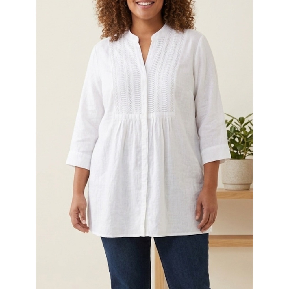 CHICO'S Size 3 US XL White 100% Linen 3/4 Sleeve Button Up Tunic Top Beachy